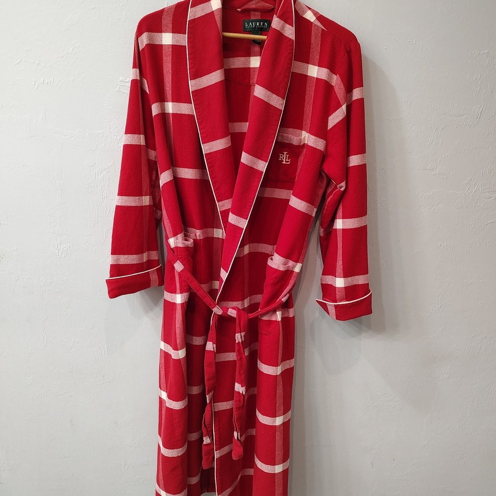 Lauren Ralph Lauren Red Plaid Robe Medium Holiday Preppy Belt Y2K Vtg Cottage